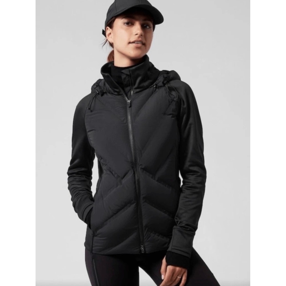 Athleta Womens Hybrid Puffer Jacket Black Chevron Quilted Hooded Full Zip Size M